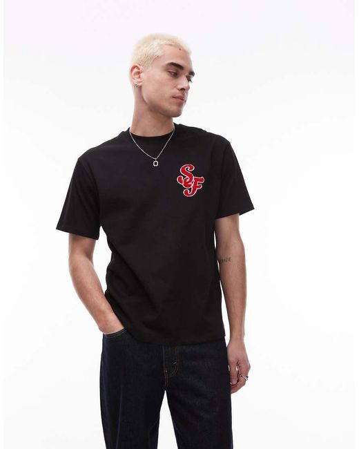 Camiseta Negra Extragrande Con Bordado De Letra De Chenilla De Tejido Grueso De Topman de hombre de color Black