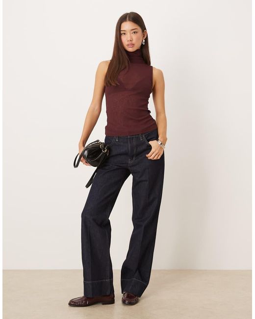 ASOS Red Gauzy Sheer Mesh Turtle Neck Sleeveless Top