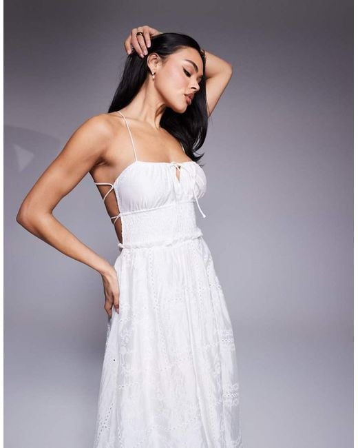 Love Triangle White Embroidered Midaxi Dress With Shirred Waist And Lace Up Back