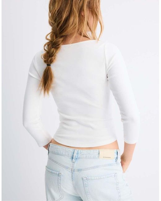 Stradivarius White Boat Neck 3/4 Sleeve T-shirt