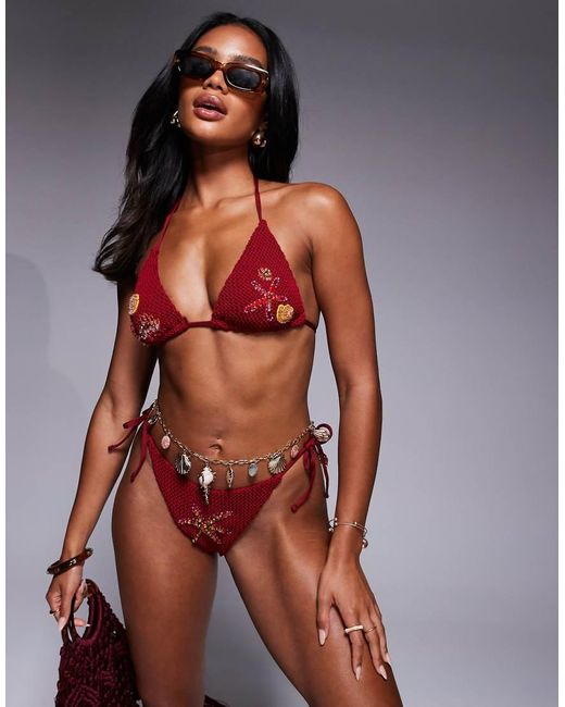 ASOS Brown Premium Hand Embellished Crochet Tie Side Bikini Bottom
