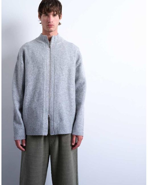 Topman Gray Double Zip Funnel Neck Cardigan for men