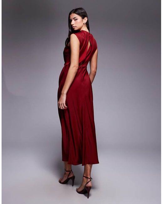 ASOS Purple Satin High Neck Pleated Bodice Midi Dress