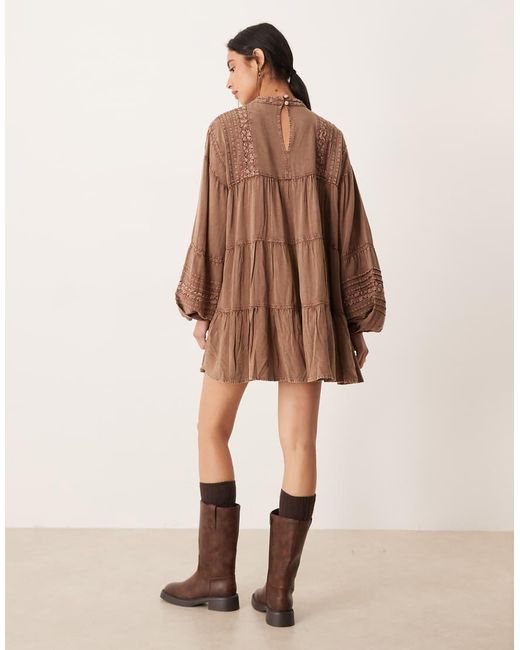 ASOS Brown High Neck Smock Mini Dress With Lace Trims
