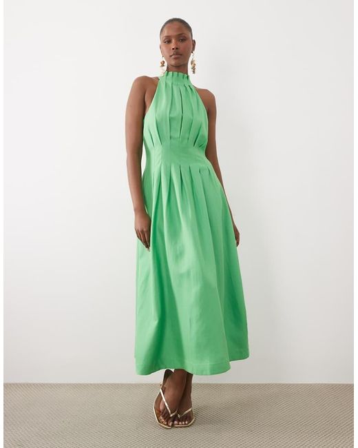 Forever New Green Linen Blend Pleat Detail Halter Midi Dress