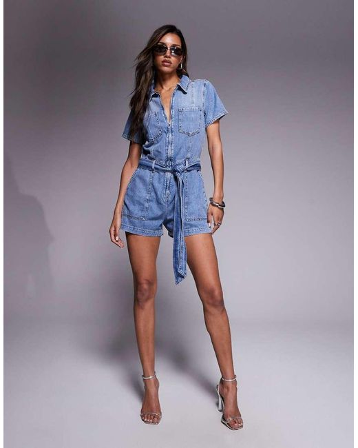 GOOD AMERICAN Blue Fit For Success Lite Linen Denim Romper