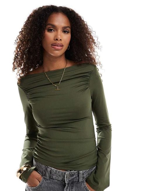 Stradivarius Green Str Polyamide Slash Neck Top