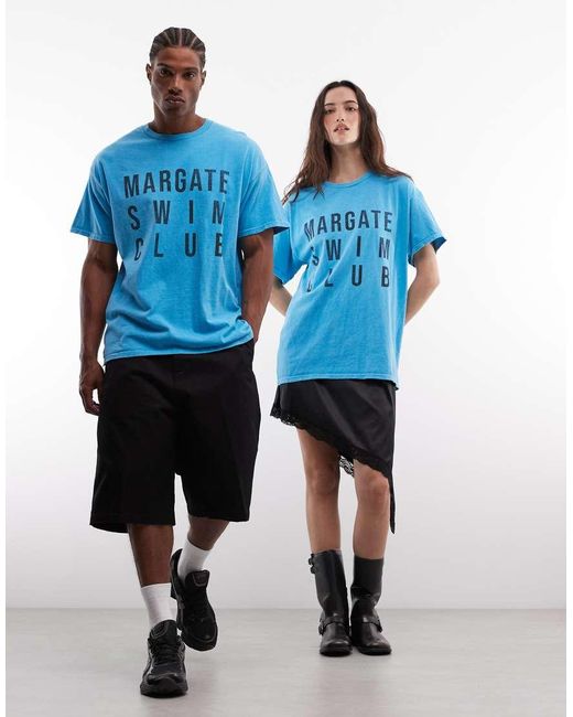 Reclaimed Vintage Blue Margate Slogan T-Shirt for men