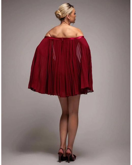 Goddiva Red Strapless Mini Dress With Pleated Chiffon Cape