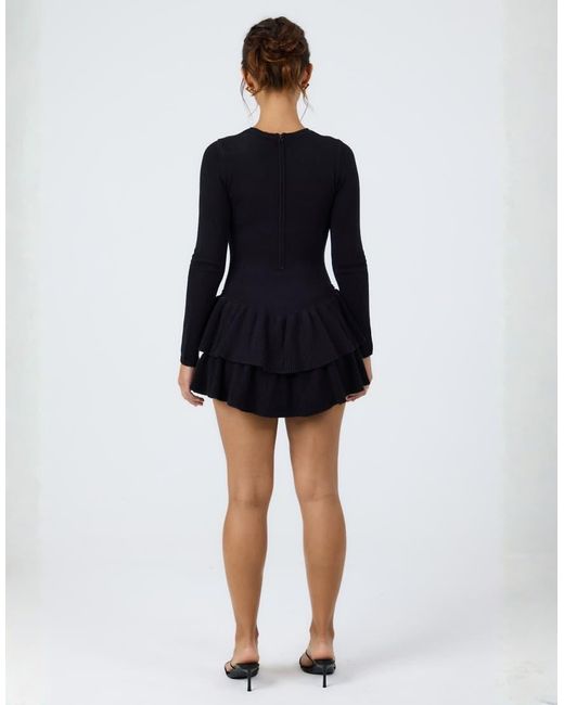 Aria Cove Black Knitted Long Sleeve Ruffle Skirt Mini Dress