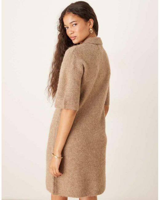 Gina Tricot Natural Short Sleeve Collar Button Through Knitted Mini Dress