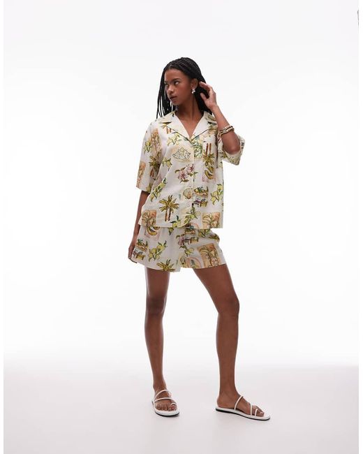 TOPSHOP Shorts Van Linnenmix Met Hoge Taille, Trekkoord En Print in het Natural