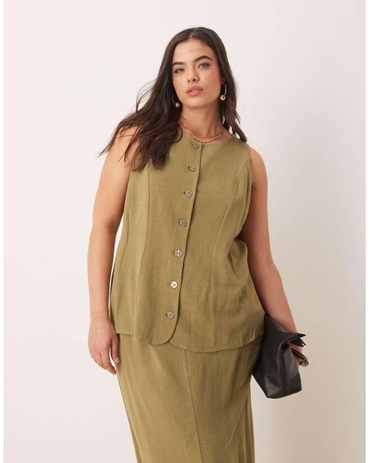 ASOS Green Asos Design Curve Linen Waistcoat Detail Midi Dress