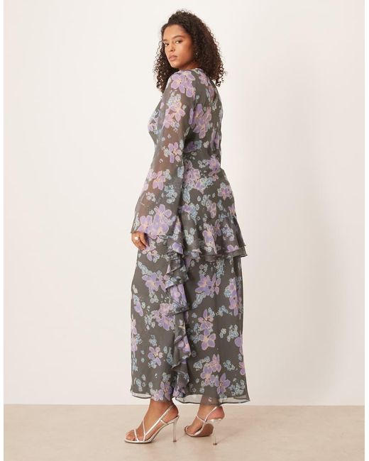 ASOS Gray Asos Design Curve Long Sleeve Frill Hem Chiffon Maxi Dress