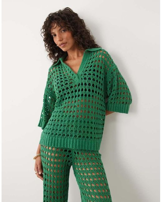 ASOS Green Beach Crochet Collared Short Sleeve Top