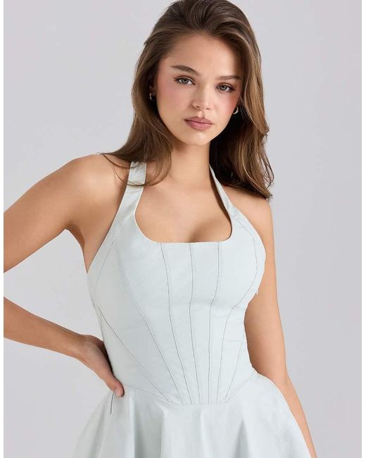 House Of Cb Blue Sasha Stretch Cotton Halter Neck Mini Dress