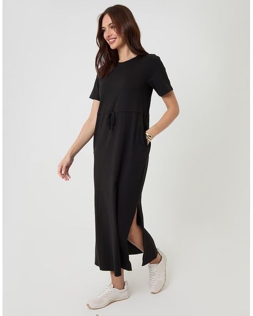 Threadbare Black Drawstring Waist Side Split Cotton Jersey Midi Dress