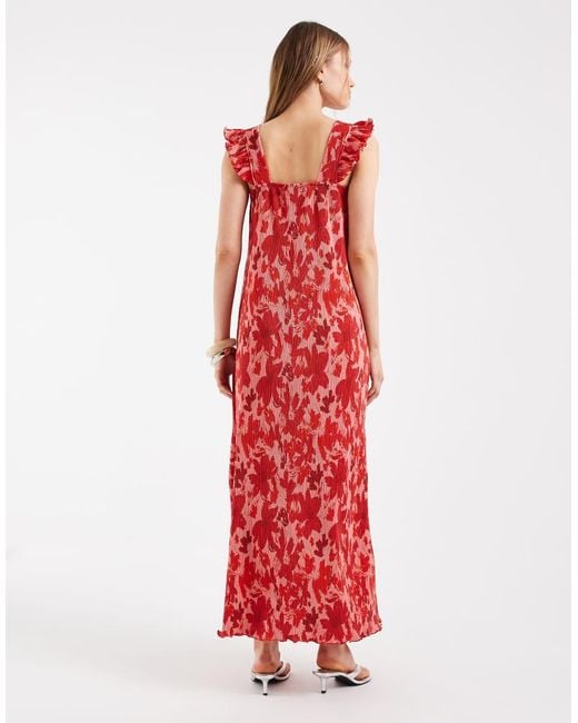 Pieces Red Plisse Maxi Dress With Frill Sleeves