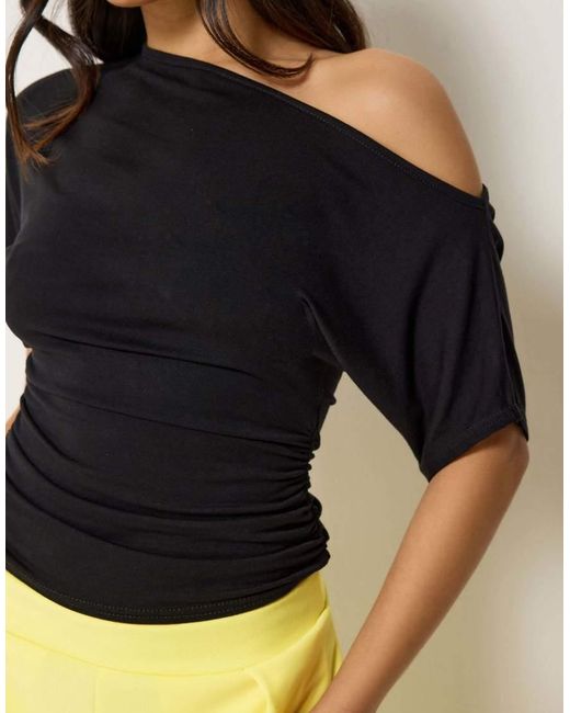 PixieGirl Black Petite Slash Neck Ruched T-Shirt