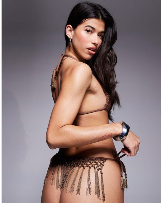 ASOS Brown Jasmine Tassel Cheeky Thong Bikini Bottom