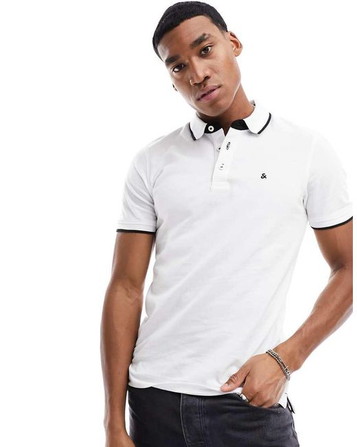 Polo De Piqué De Corte Slim Con Logo Y Ribetes En Essentials De Jack & Jones de hombre de color White