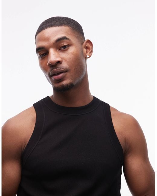 Topman Black Fitted Ribbed Tank Top With High Neck for men