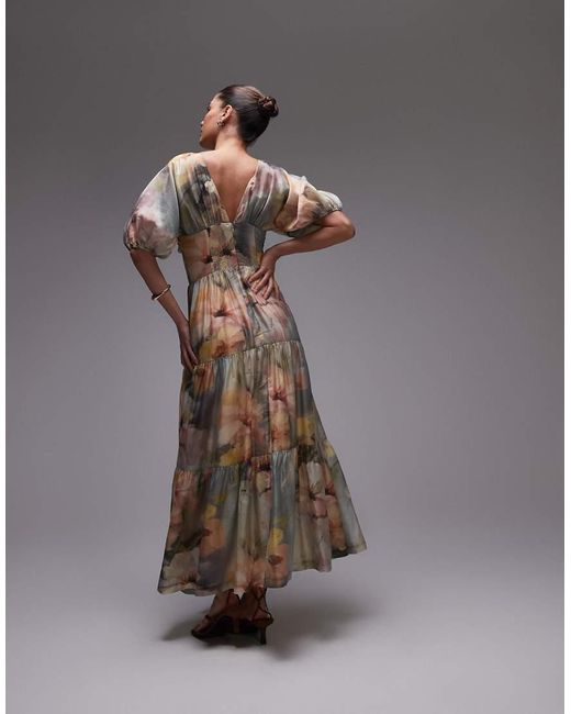& Other Stories Gray Linen Blend Midi Dress In Floral Print