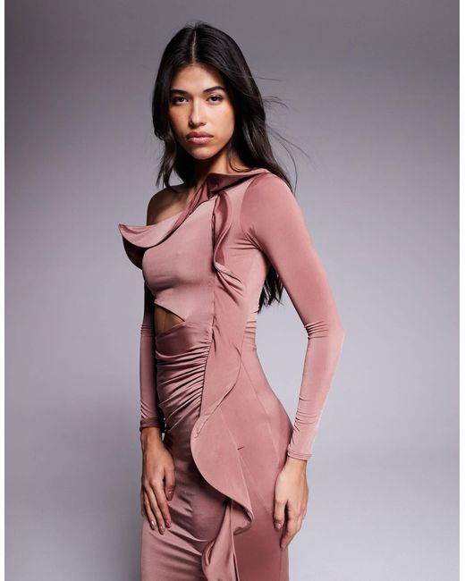 ASOS Brown Long Sleeve Structured Ruffle Midi Dress With Cut Out Detail