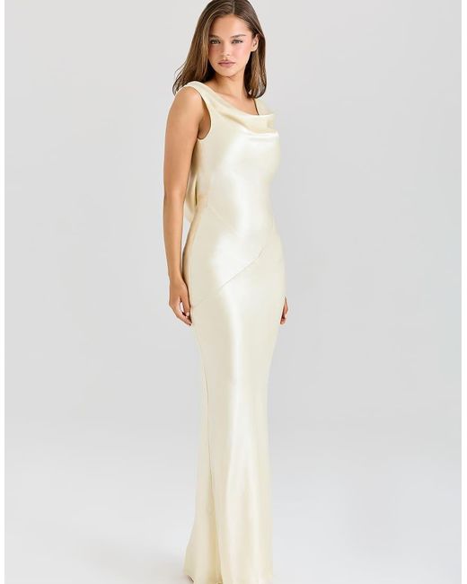 House Of Cb White Safaira Lemon Satin Draped Cowl Neck Maxi Dress