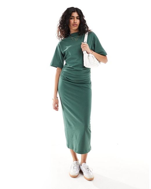 ASOS Green Short Sleeve Gathered Waist With Side Split Maxi Dress