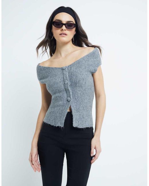 River Island Blue Off Shoulder Knitted Top