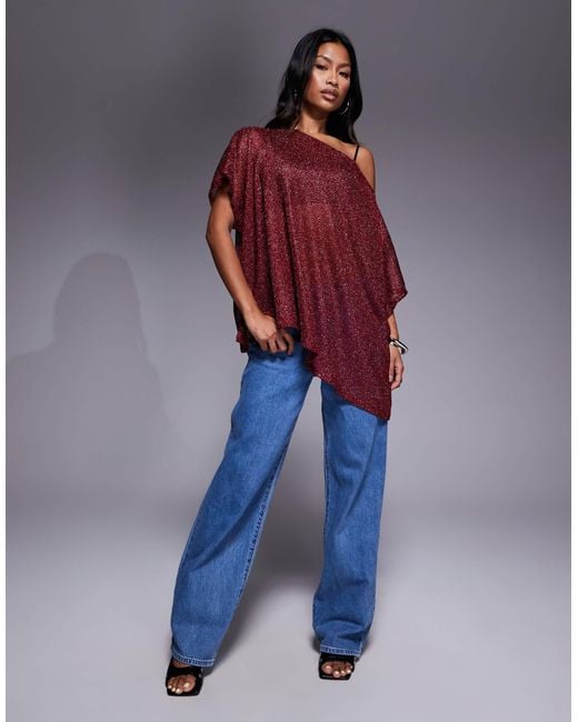 ASOS Red Sheer Metallic Oversized Slouchy Off Shoulder Cape Top