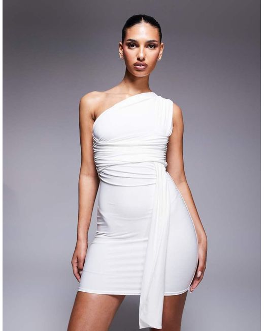 Kaiia Gray Exclusive Double Layered Slinky One Shoulder Cross Over Drape Detail Mini Dress