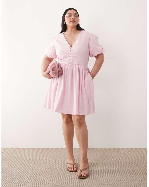 Nobody's Child Pink Linen Mix Scalloped Edge V-neck Mini Dress