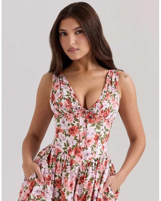 House Of Cb Pink Emmelina Print Stretch Cotton Corset Sundress