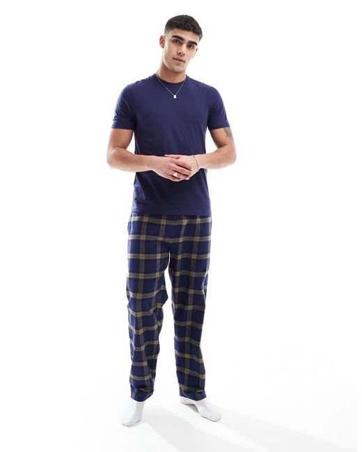 New Look Blue Woven Check Pyjama And T-Shirt Set for men