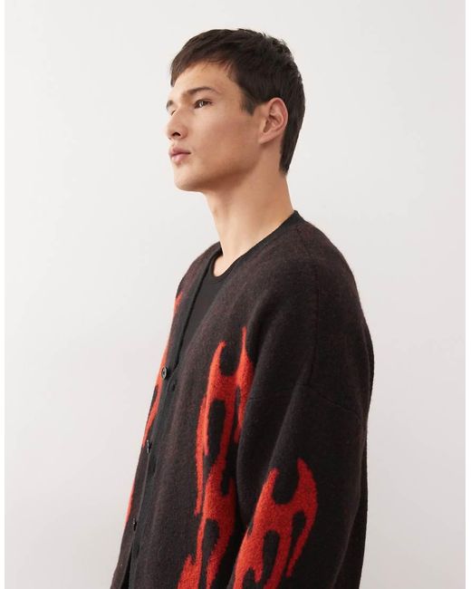 Weekday Black Wool Blend Oversized Cardigan With Flame Graphic for men