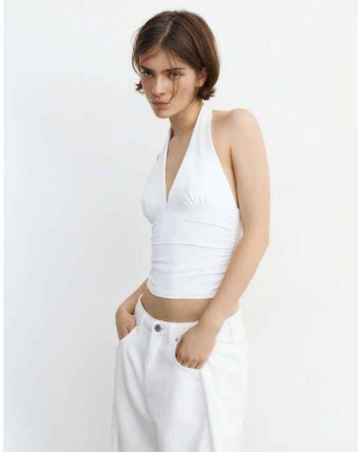Pull&Bear White Halter Neck Top With Gathering