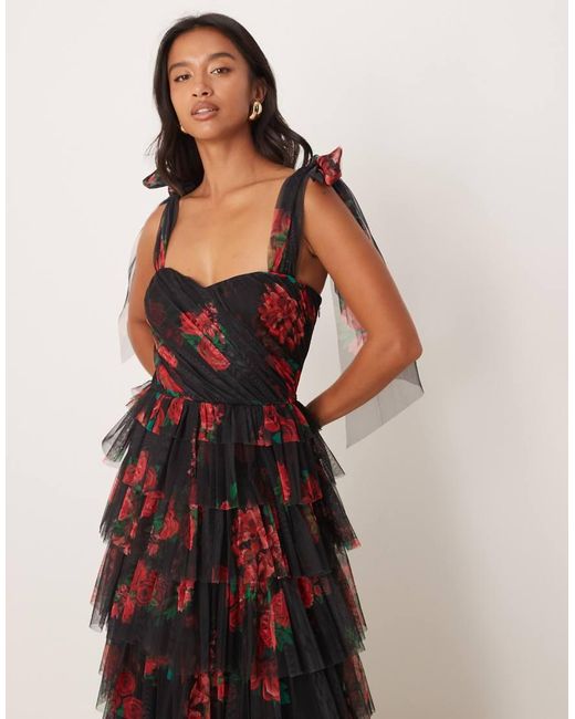 LACE & BEADS Black Tulle Bow Shoulder Maxi Dress