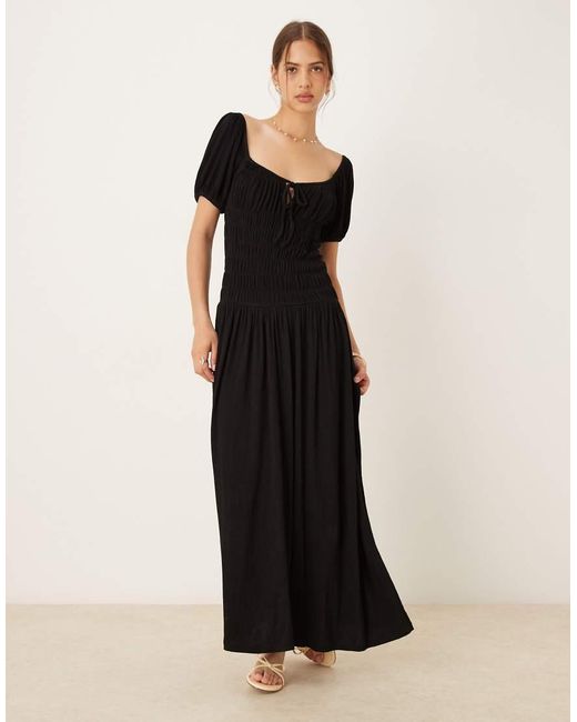ASOS Black Crinkle Shirred Waist Milkmaid Puff Sleeve Midi Tea Dress