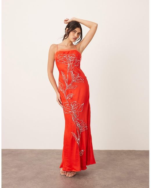 ARRANGE Red Floral Embellished Cami Maxi Dress With Low Back