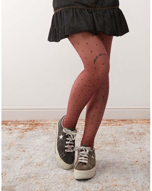 Reclaimed (vintage) Black Burgundy Tights With Polka Dots