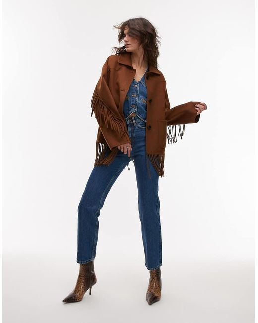 Mango Brown Wool Mix Tassle Hem Jacket
