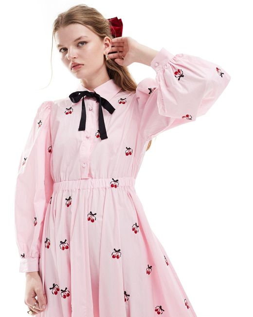 Sister Jane Pink Cherry Embroidered Bow Midi Dress