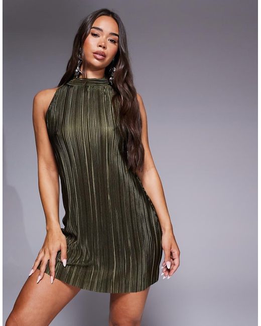 ASOS Green Halter Neck Plisse Mini Dress