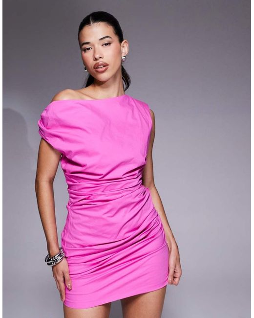 GOOD AMERICAN Pink Poplin Ruched Off The Shoulder Mini Dress