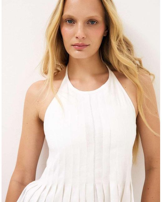 NA-KD Blue Linen Blend Pleated Halterneck Top