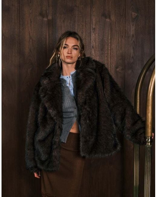 Monki Black Oversized Short Faux Fur Coat With Collar Detail
