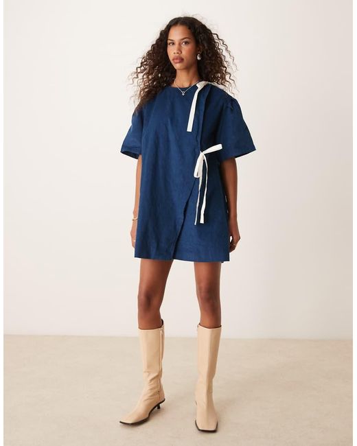 Ghospell Blue Contrast Bow Mini Dress