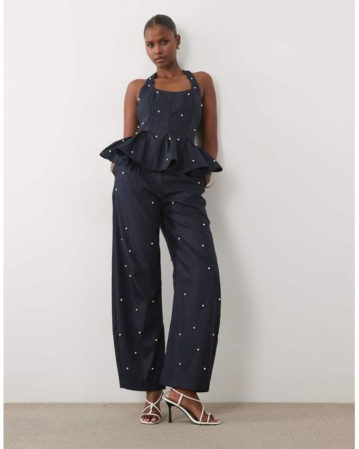 ASOS Blue Peplum Corset Top With Faux Pearls